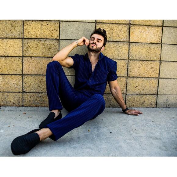 NEW! RomperJack Men's M Navy Chateaux Pinstripe Jumpsuit Slim Short Sleeve Blue - Picture 9 of 9